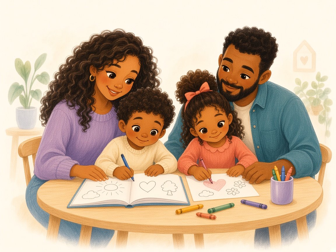 Família sentada à mesa colorindo uma história juntos